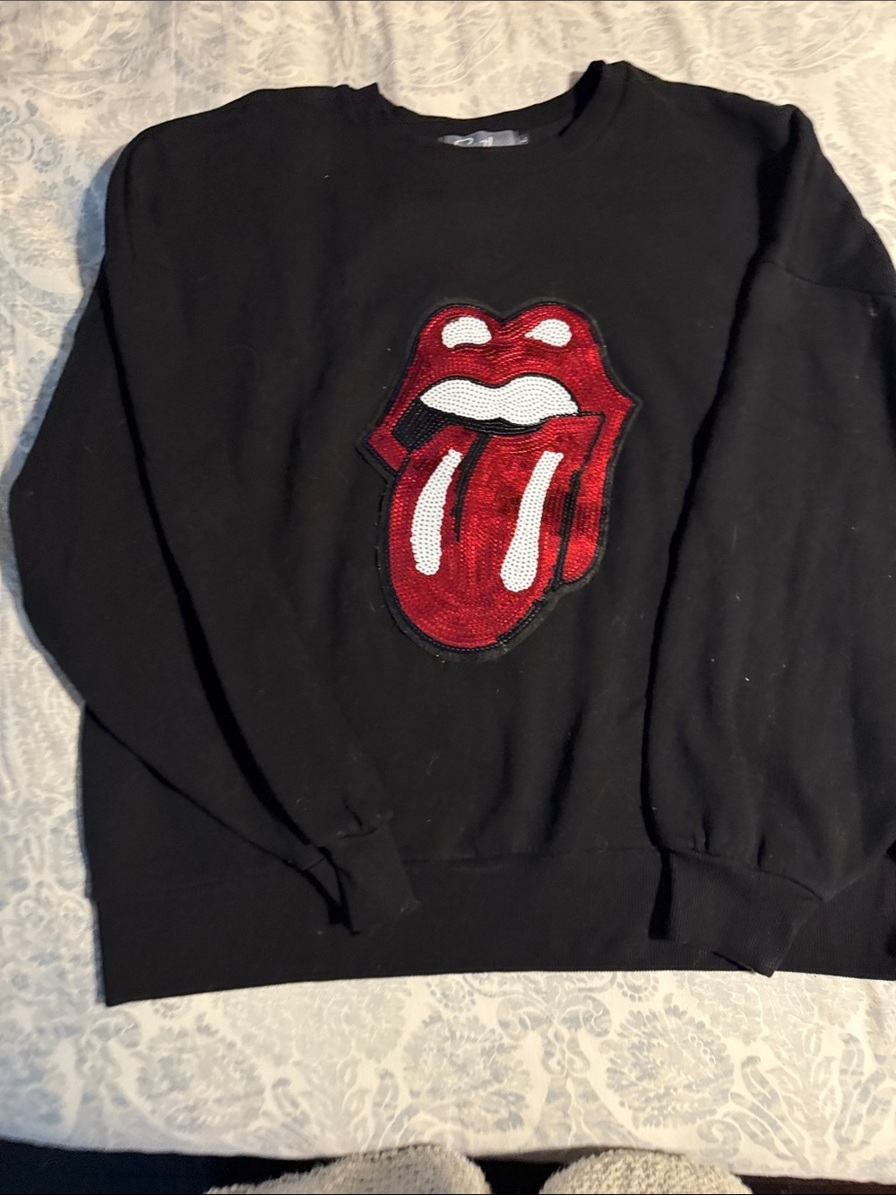 Black Sweater with Red Sequin Tongue Graphic